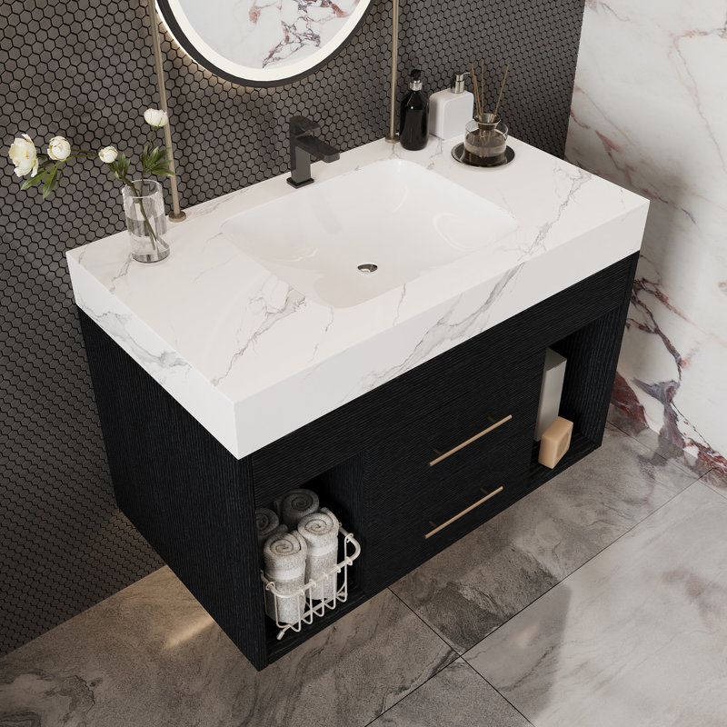 Kaelis 29.9" Modern Floating Vanity With Sintered Stone Top And Ceramic Sink, Black, White Marbel