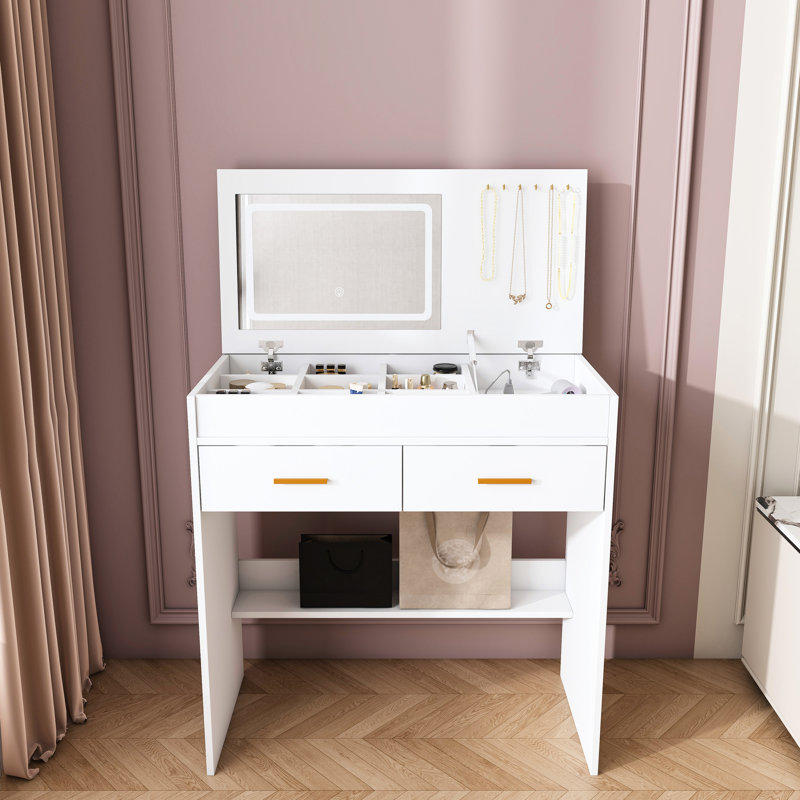 Bureau de coiffeuse rabattable, miroir lumineux à DEL, prise encastrée, 2 tiroirs, organisateur de bijoux ouvert, crochets, blanc, peu encombrant, luminosité réglable, rangement intelligent, tabouret, convenant à un appartement