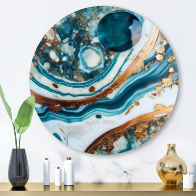 Ocean Marble Hald Circle Abstract I - Abstract Marble Round Wall Art on Metal