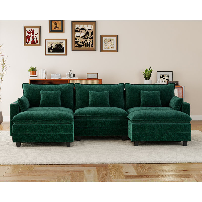 Modular Sectional Sofa With 2 Ottoman/smart Charging Module/throw Pillow (green), Green Chenille