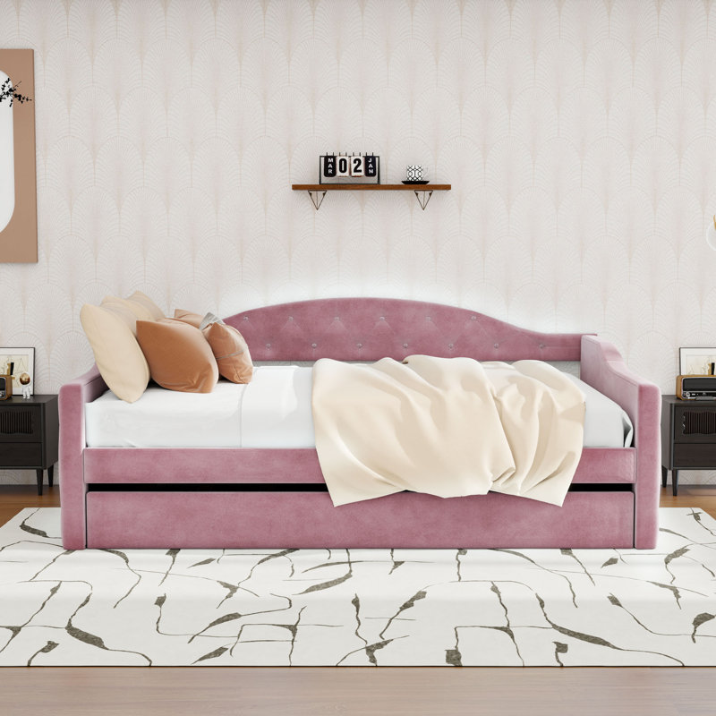 Upholstered Daybed with Trundle and USB, Pink