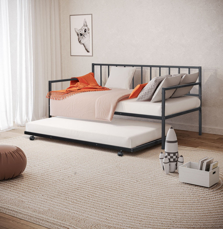 Lit de jour simple en métal de style contemporain avec lit gigogne et structure en métal
