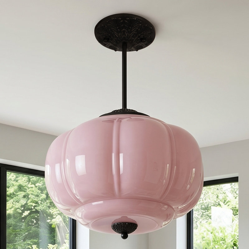 Plafonnier semi-encastré rétro en verre mauve rétro, lustre citrouille, éclairage tricolore
