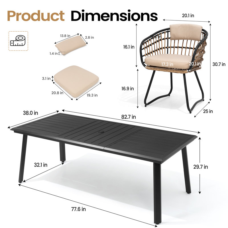Ensemble de salle à manger rectangulaire en aluminium pour 6 personnes avec coussins et trou pour parasol (ensemble de 7)