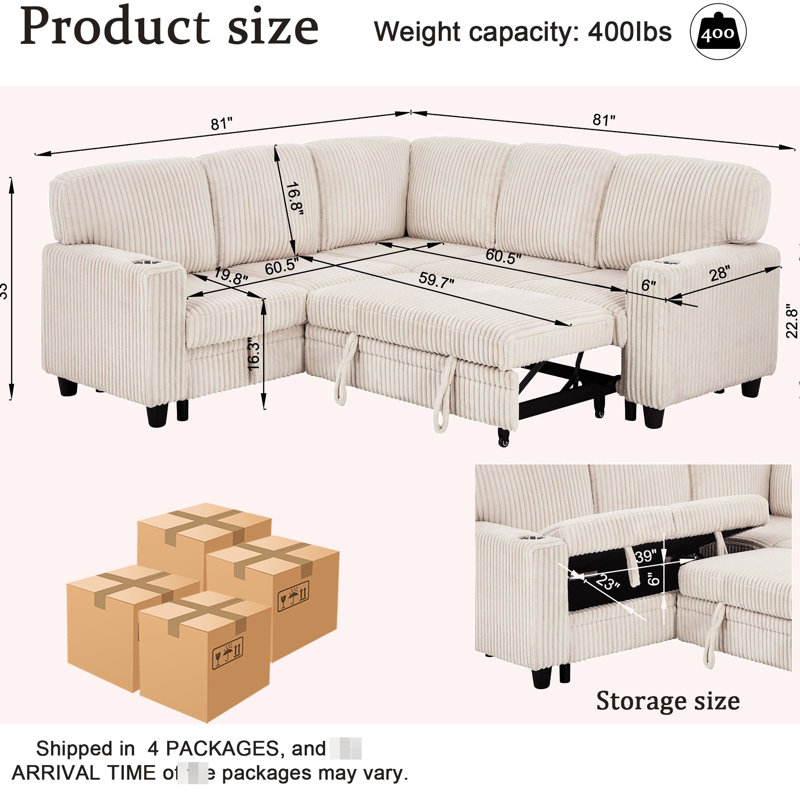 Lit de coin en velours côtelé beige avec lit gigogne, rangement dissimulé et prise de recharge pour les invités. Convertible avec 5 prises intelligentes et revêtement en tissu doux.