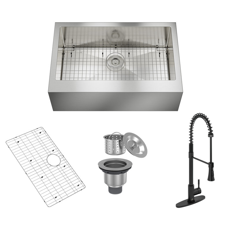 33" L x 22" W Farmhouse Kitchen Sink with Faucet Included, Stainless Steel Grid, Black