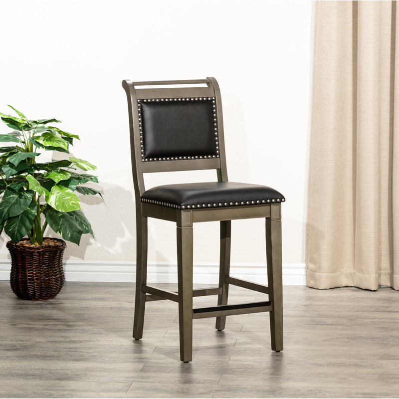 Weathered Gray 24" Counter Stool, Black Leather Seat, Rustic Appeal For Bar Area, Footplates Elegance Home,, Gray, Black