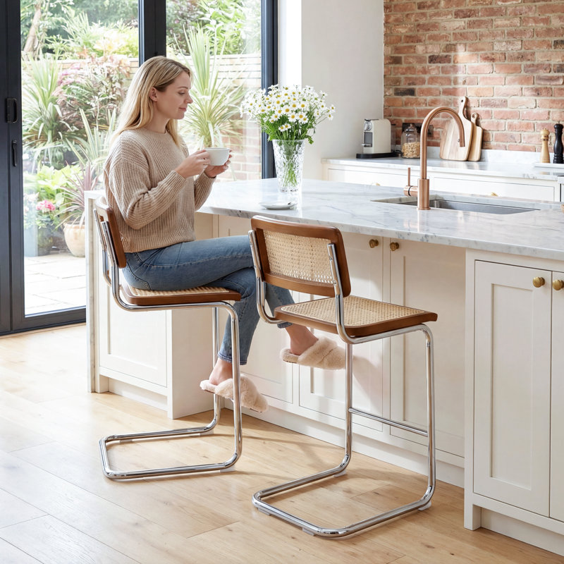 Marlow Modern 24.8" Cane Rattan Cantilever Counter Stools with Metal Frame, Walnut/Silver