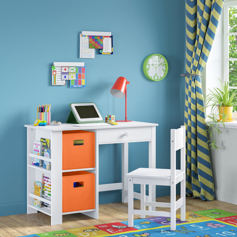 RiverRidge Kids Desk and Chair Playroom Set with 2 Art Storage Cubbies and 2 Side Bookshelves - White