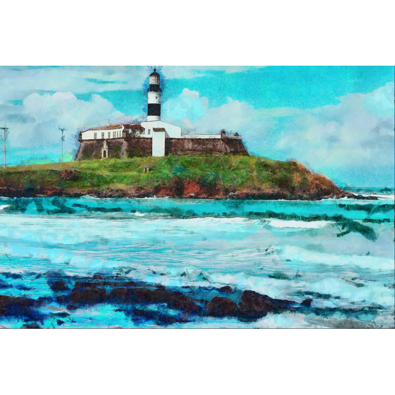Painted Bright Blue Lighthouse Island - Wrapped Canvas Art Prints, 30cm H x 46cm W