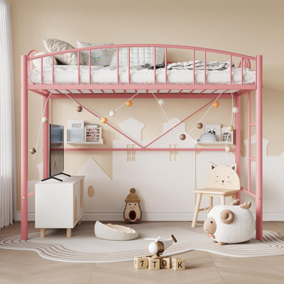 Loft Bed Twin Size with Ladder and High-Arched Guardrail, Sturdy Metal Slats, Space-Saving Design