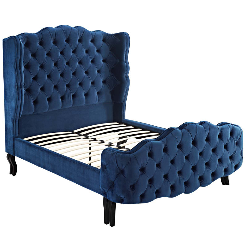Modway Gracewood Hollow Abumuse Tufted Wingback Velvet Platform Bed, Navy