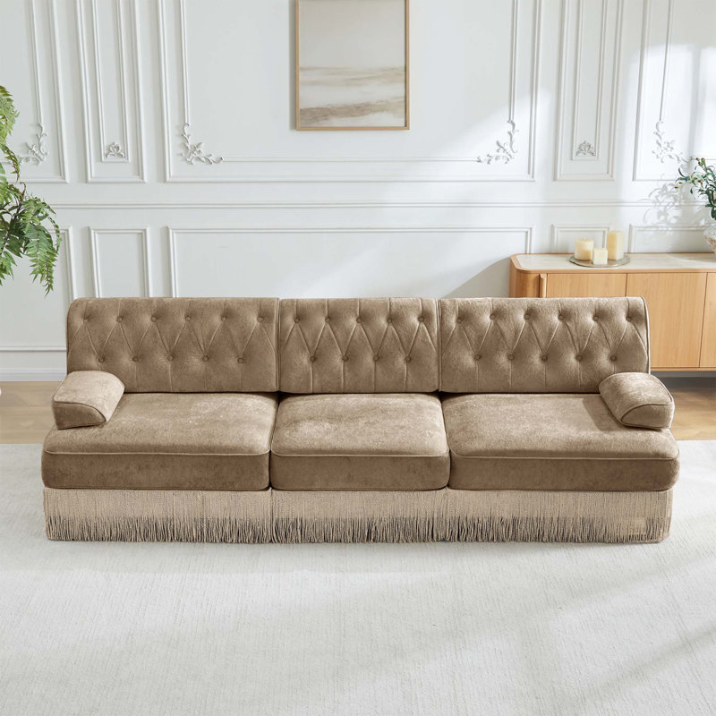 Canapé Chesterfield modulaire avec jupe à pampilles et capitonnage à boutons, Chameau