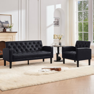 Tufted Faux Leather Living Room Sets With USB Ports & Cup Holders