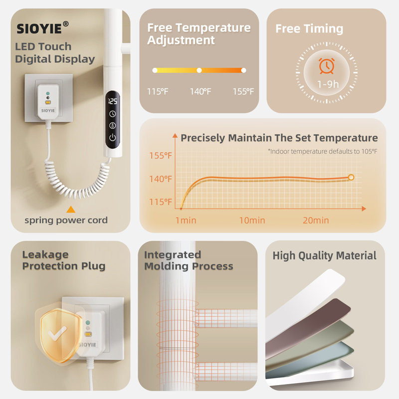 SIOYIE Electric Heated Towel Rail, Rotating Towel Warmer, Smart Bathroom Radiator, Plug-In/Hardwired Heater, Towel Dryer Rack