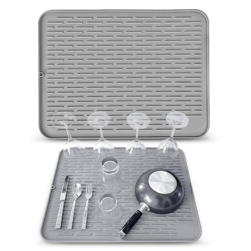 Gray Foldable Silicone Dish Drying Mat with Non-Slip Base