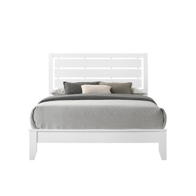 Wooden Queen Bed With Curved Headboard & Tapered Feet In White Construction Geometric Lines