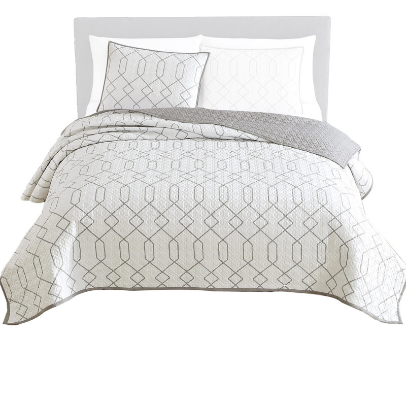  White/Gray Microfiber Reversible 2 Piece Coverlet / Bedspead Set
