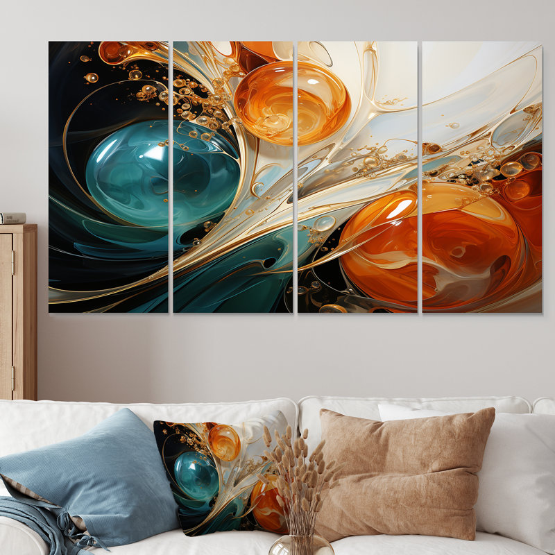 Encre blanche blanche, bleue et orange, tempête III - ensemble de 4 peintures murales abstraites, H 32 po x l 64 po