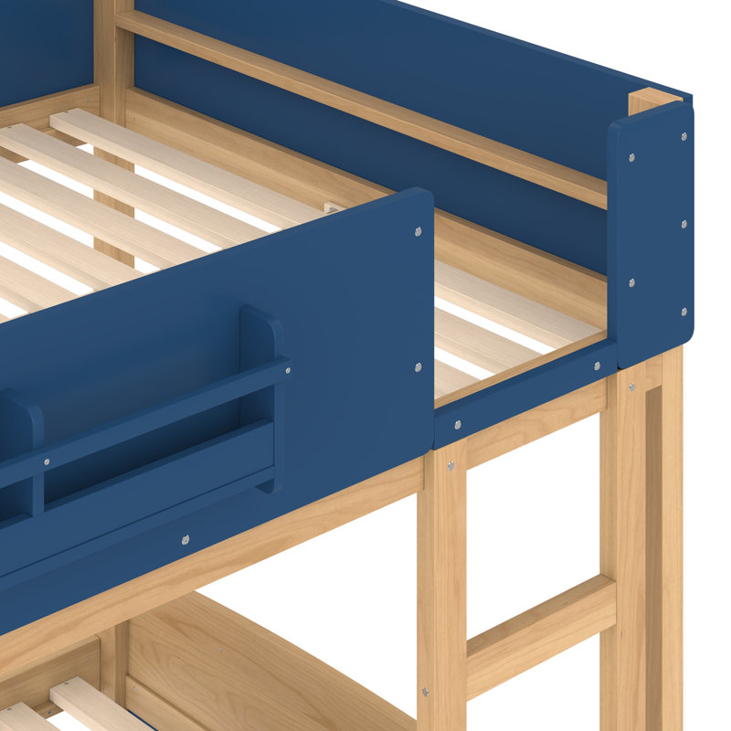 Lit double superposé en bois pleine grandeur avec lit gigogne et bibliothèque intégrée, lit superposé pour enfant Safety Guard, bleu, blanc et beige, solution de sommeil peu encombrante