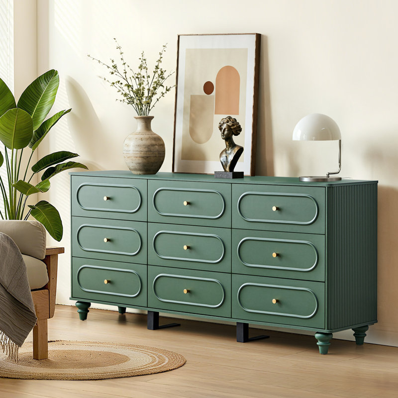  Vintage Minimalist Style 9 Drawer Dresser , Green