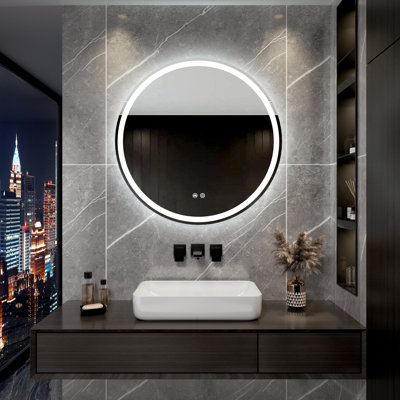 Miroir de salle de bain à DEL rond sans cadre avec éclairage, sans miroir, homologué UL, RoHS, ETL et avec garantie de 3 ans, verre trempé, température et intensité variable et antibuée