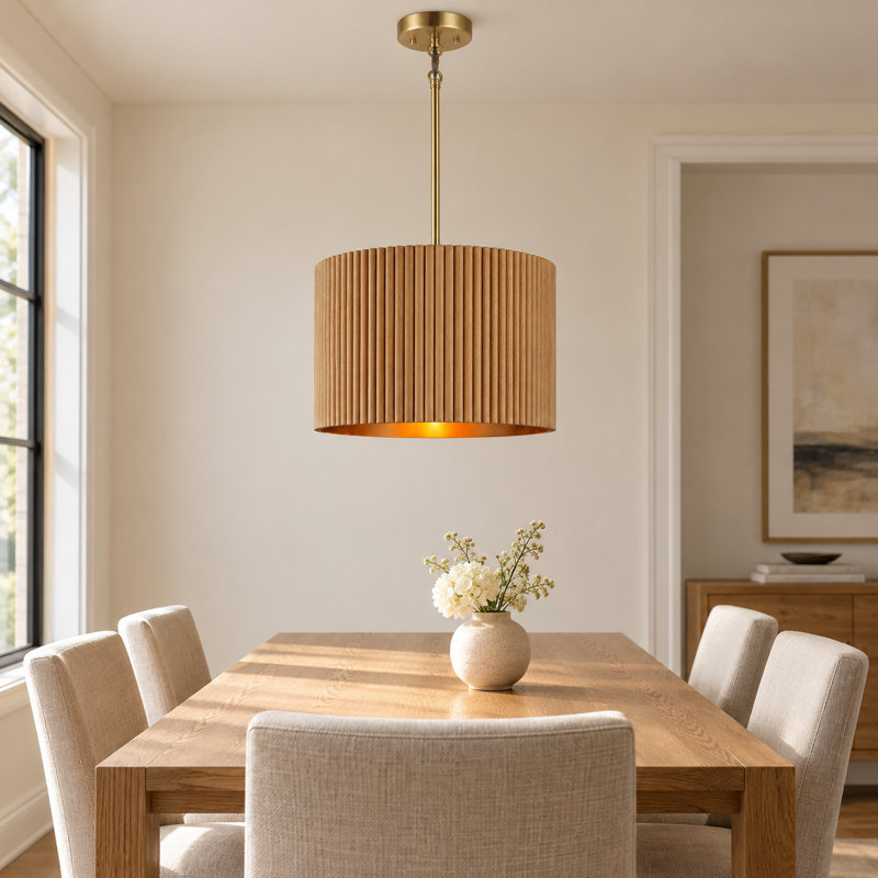 Oak-Tone Slatted Drum Pendant Light, Brushed Gold Finish, Adjustable Height