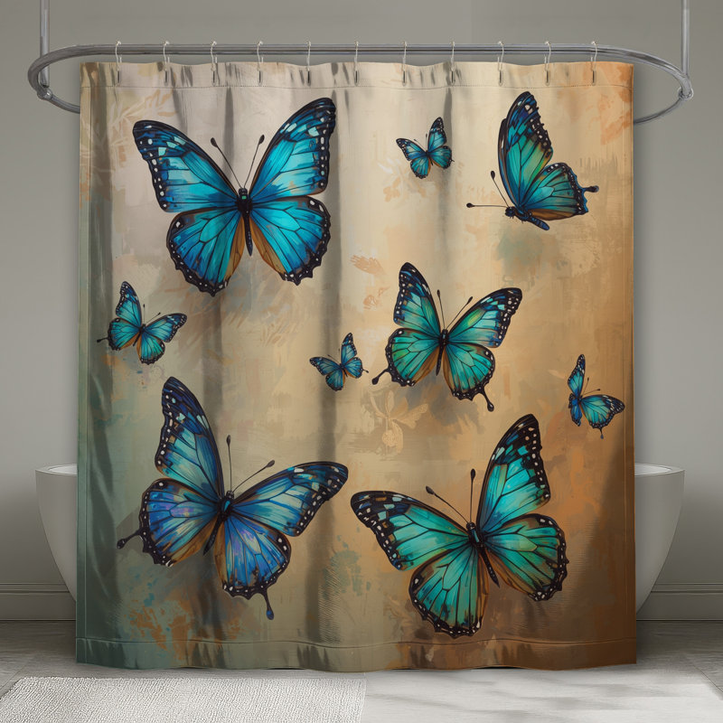 Rideaux de douche bleu orange et papillons extra longs, L 70 po x H 72 po
