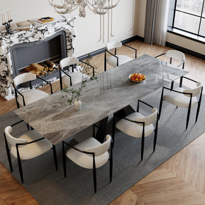 Ensemble de table de salle à manger 9 pièces Recline avec table de salle à manger extensible en pierre frittée de 110,23 po et 8 chaises en tissu