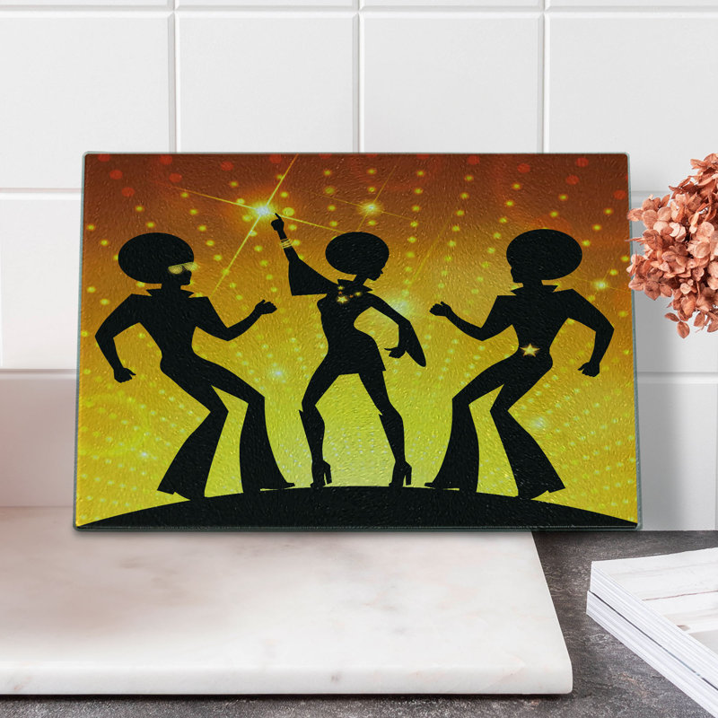 Ambesonne 70s Party Tempered Glass Cutting Board Dancing Afro People Orange Yellow Black