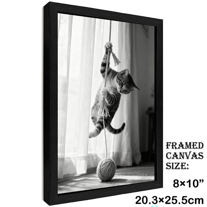 Reproduction d'art encadrée noire rétro sur fond gris par chats, H 11 po x l 9 po