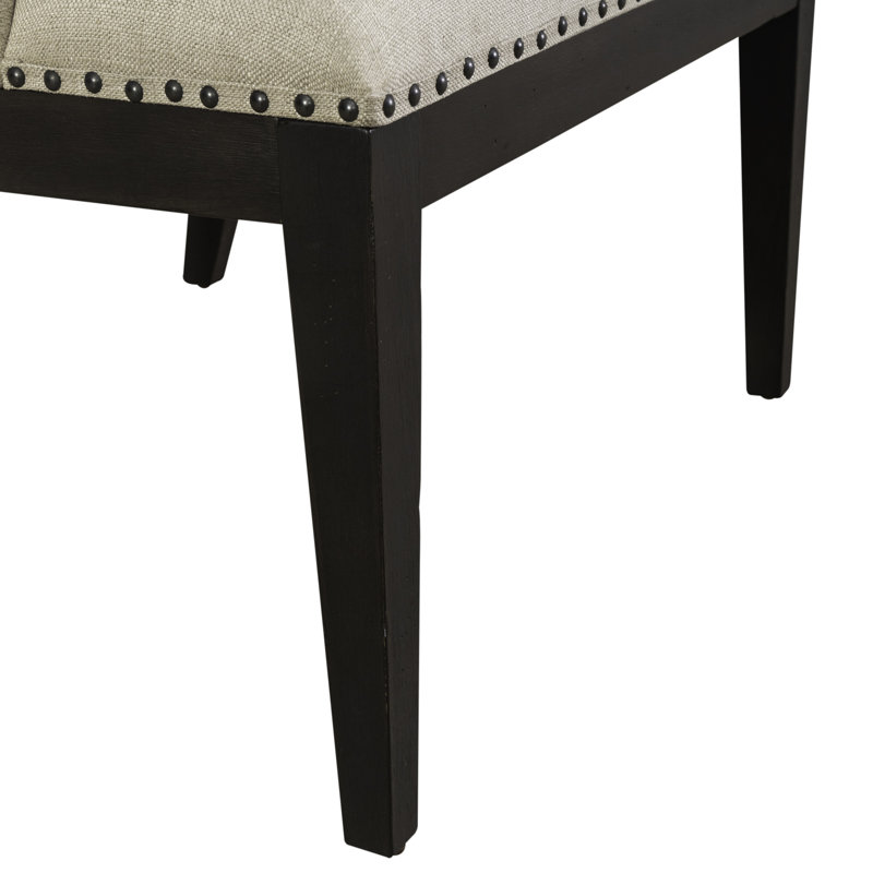 Beige and Black Upholstered Tufted Dining Bench with Nail Head Trim