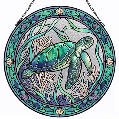 Sea Turtle Stained Glass Window Panel，7.8H