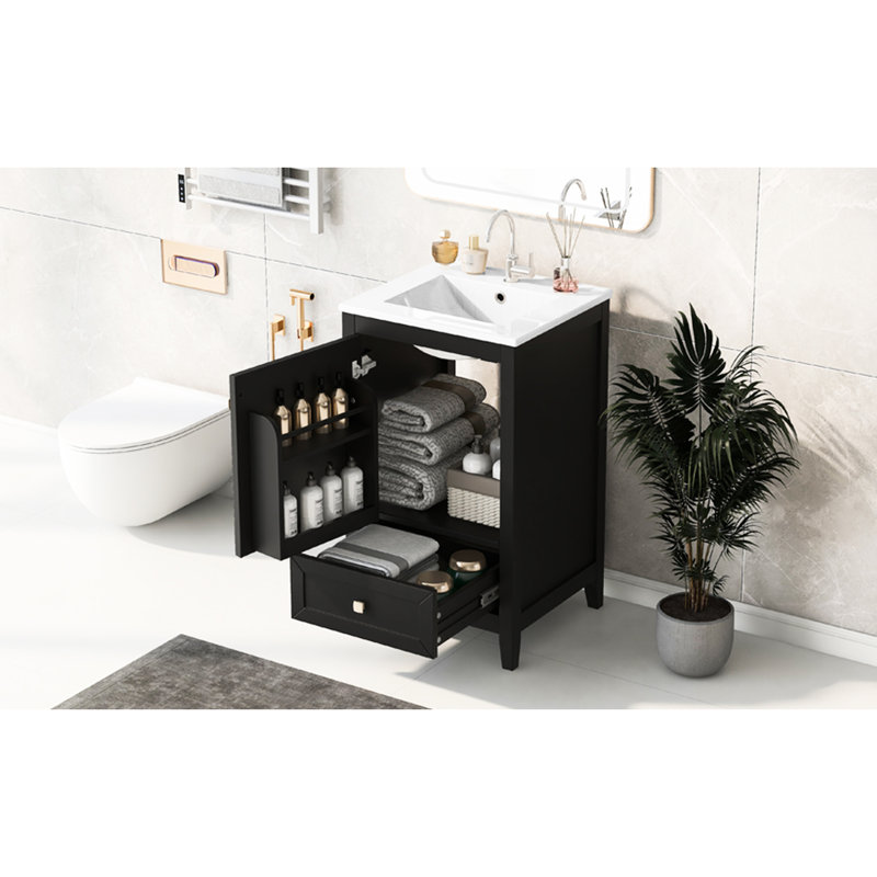 Meuble-lavabo de salle de bain avec lavabo - noir, charnières de porte silencieuses, évier de meuble moderne spacieux, rangement, construction