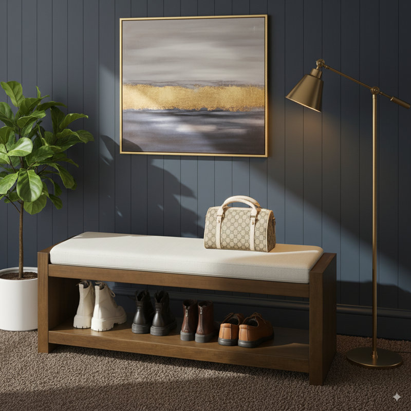 Accent Bench With Lower Shelf Shoe Rack, Padded Seating Bench, Beige, 18.5" H x 47" W x 16.25" D