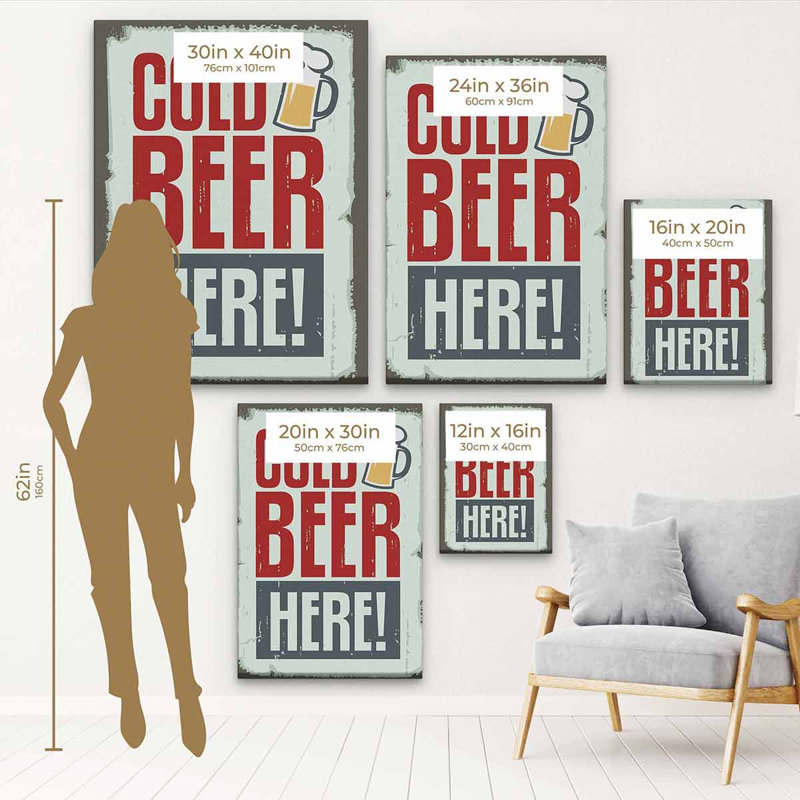 «Flesner Red Cold Beer Here on Canvas», art textuel, H 16 po x l 12 po, Cadre noir