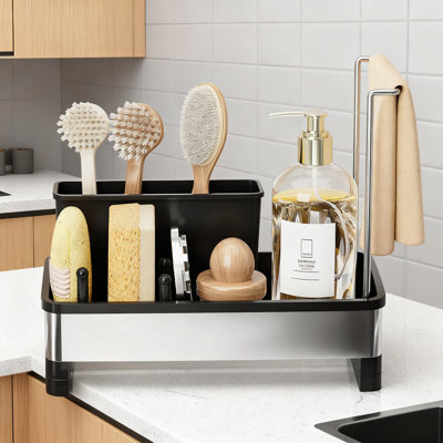 Organisateur d'évier de cuisine avec bec rotatif, porte-brosse amovible et porte-serviettes amovible - Solution de rangement efficace pour éponge et distributeur de savon pour comptoir