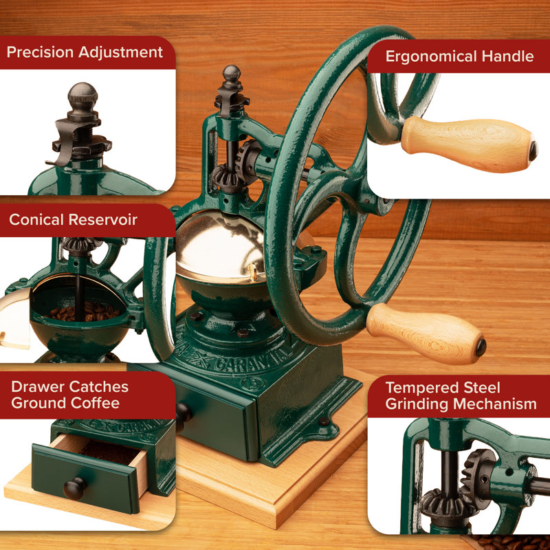 Manual Coffee Grinder - Cast Iron Coffee Bean Grinder with Conical Burr Grind, Adjustable Coarseness, Hand Crank, and Antique Design - Italian Made Espresso Accessories by Classic Cuisine (Green)