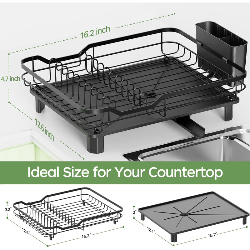 Dish Drying Rack, Stainless Steel Rustproof Dish Rack for Kitchen Counter, Sturdy Dish Drainer with Drainboard, Drainage, Utensil Holder, Black