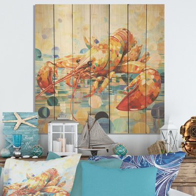 Art Deco Lobster In Orange And Yellow - Crayfish On Wood Print
