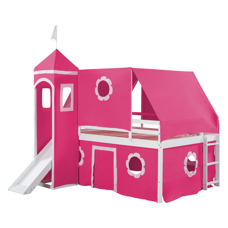 Queribus Kids Loft Bed with Slide and Tent, Full, Red Pink