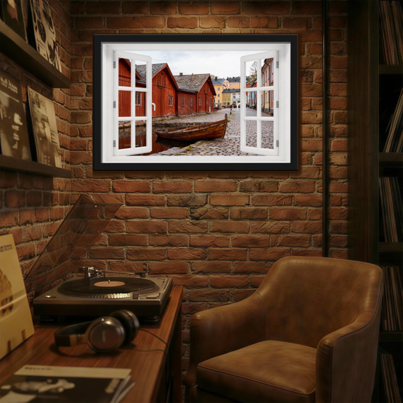 Paysage et nature, maisons en bois rouges, bateau, eau, vue sur la rue, H 12 po x l 18 po