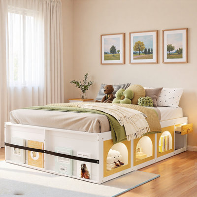 Wooden Platform Bed With Bookshelf, Display Cabinet, Led Light And Drawer