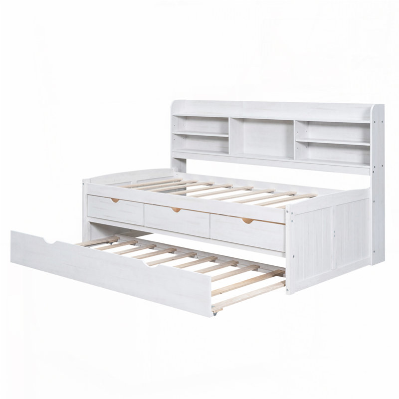 Lit capitaine en bois avec bibliothèque intégrée, trois tiroirs de rangement et lit gigogne, Lit simple, Blanc délavé