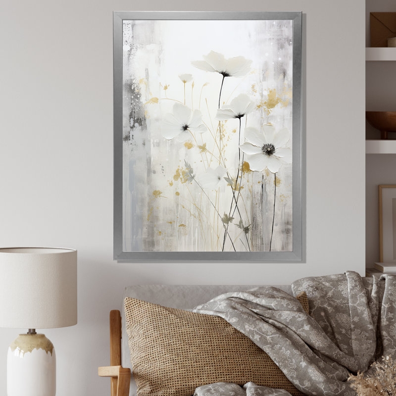 «Gray and White Herbs Minimal Harmony I», reproduction d'art sur toile, H 32 po x l 24 po x P 1 po, Cadre simple argenté