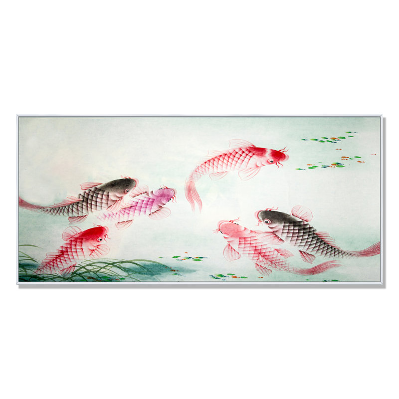 Peinture chinoise de la carpe - Peinture sur toile, H 16 po x l 32 po x P 1 po, Cadre blanc