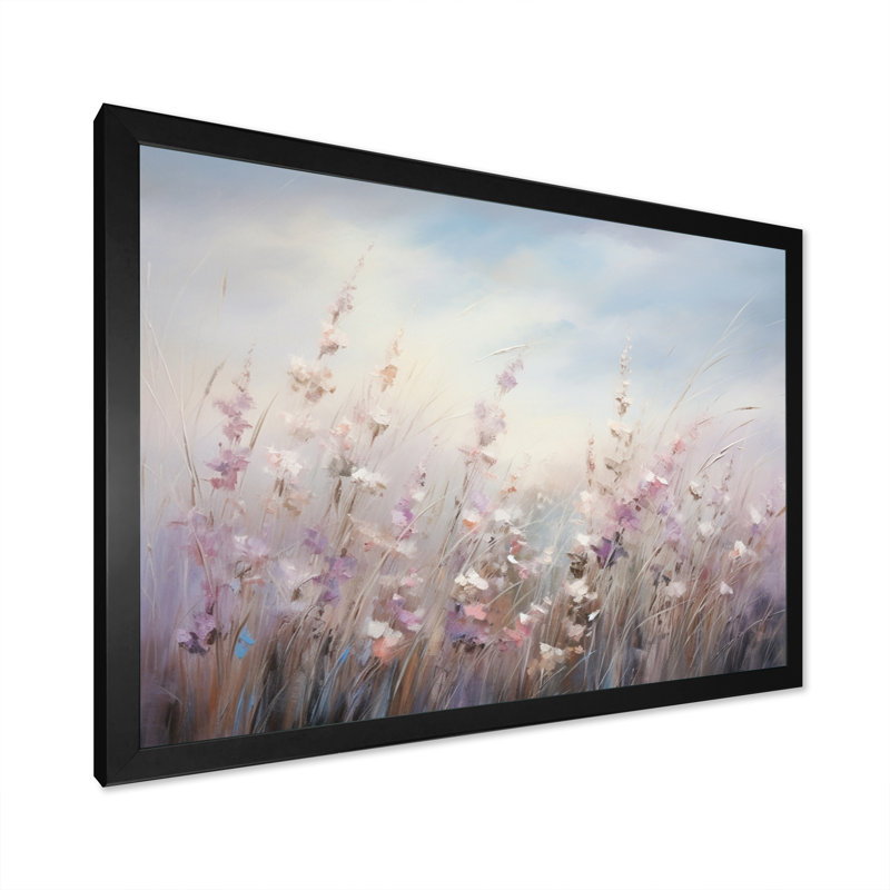 Fleurs murales mauves Whispering Breeze II - art mural fleurs sauvages pour le salon, Cadre noir