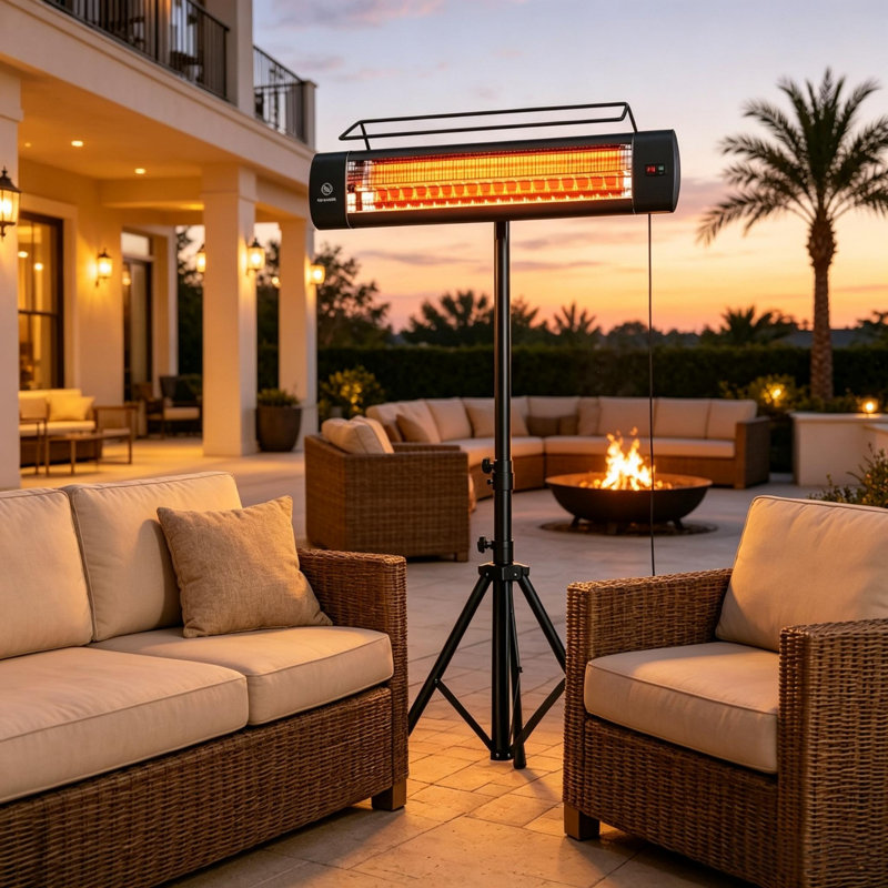 Chauffage de terrasse électrique sur pied 1500 W, étanche IP65, infrarouge, avec trépied, 3 niveaux de chaleur et minuterie de 24 heures. Couleur : noir.