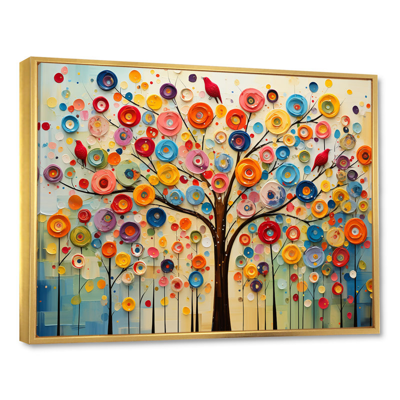 Arbre abstrait coloré 3 - Art mural africain, Cadre flottant doré, H 30 po x l 40 po x P 1,5 po