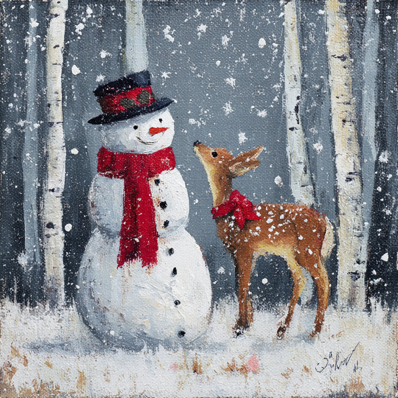 «Winter Snowman and Deer Friendship», art mural sur toile tendue